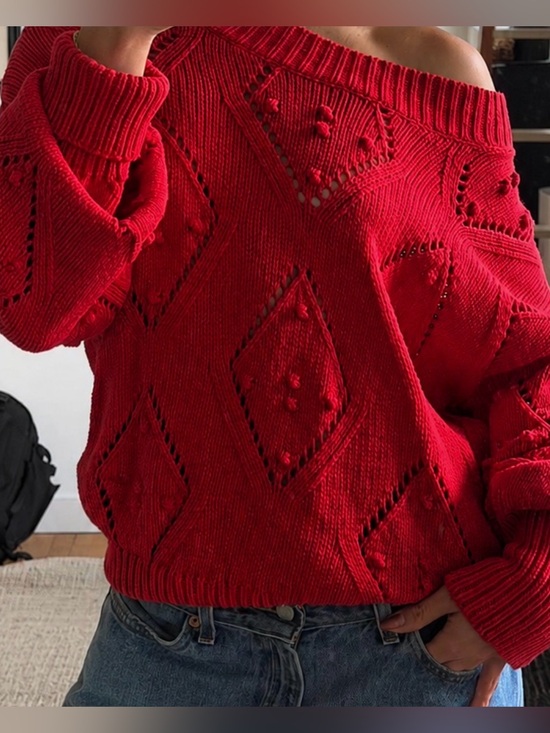 LOFT Sweaters - LOFT Red Women’s Diamond Knit Cozy Sweater Size Large